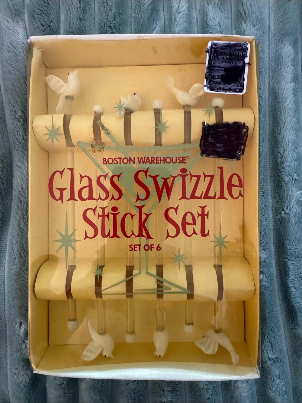 Boston Warehouse RARE DOVEYellow Glass Swizzle Stick Set with White Dove Toppers